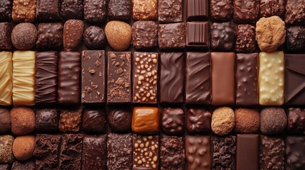 Poster - Assorted gourmet chocolates arranged in a flat lay composition with empty space for text ideal for promotional or advertising purposes