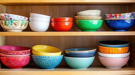 Poster - Colorful array of ceramic bowls organized in a wooden kitchen cabinet with ample empty space for text or branding above the collection