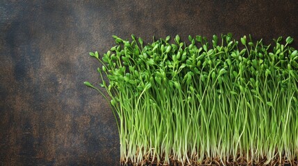 Poster - Fresh green wheat sprouts in a farm field top view with rich soil background and ample copyspace for text or design elements