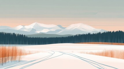 Aufkleber - Winter landscape with snow-covered fields and distant mountains minimalist design featuring a forest backdrop and ample space for text.