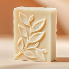 Poster - Macro shot of elegant white soap bar with carved leaf details soft highlights studio setting product