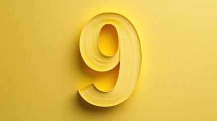 Poster - yellow paper cut number nine with curved layers on solid yellow background, artistic typography conc