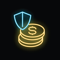 Poster - Neon style icon of a shield protecting a stack of coins, representing the concept of financial security