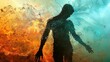 © Sah - Man dissolving in fire and water; duality concept; abstract art background