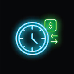 Poster - Glowing neon icon of clock with money symbol and double arrow, representing time management