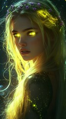 Poster - Abstract fractal surreal art piece featuring a stunning young woman with long blonde hair glowing neon yellow adorned with a headband of cornflowers set against a dark atmospheric background