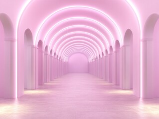 Poster - Pink arched corridor with glowing lights creating a futuristic and serene architectural space
