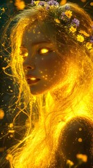 Poster - Abstract fractal surreal art piece featuring a stunning young woman with long blonde hair glowing neon yellow adorned with a headband of cornflowers set against a dark atmospheric background