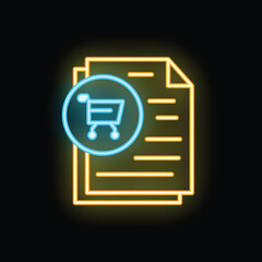 Poster - Neon shopping cart icon is glowing over documents, representing the concept of online shopping and e commerce