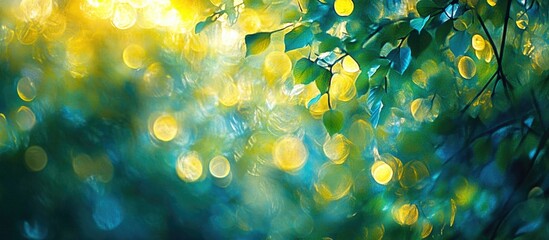 Poster - Abstract blurred background with green leaves and colorful bokeh lights in natural setting suitable for text placement Copy Space