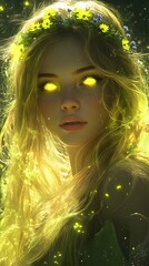 Poster - Abstract fractal surreal art piece featuring a stunning young woman with long blonde hair glowing neon yellow adorned with a headband of cornflowers set against a dark atmospheric background