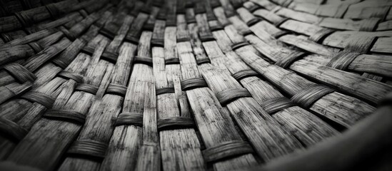 Aufkleber - Close-up view of woven texture in a handmade basket featuring intricate patterns and a rustic appearance with dramatic lighting and shadows.