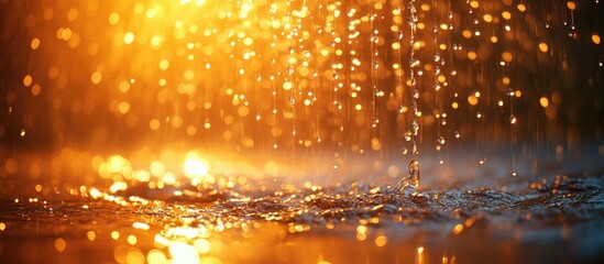 Aufkleber - Close-up of water droplets falling on surface creating splash with golden bokeh lights in background Copy Space