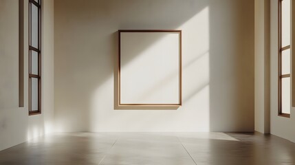 Poster - Bright and minimalist empty room with a wooden frame on the wall and natural light streaming through the large windows creating a peaceful and serene atmosphere  The clean and simple design elements