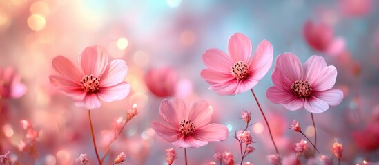Aufkleber - Pink flowers with soft bokeh background and delicate petals, suitable for nature themes and floral designs, Copy Space