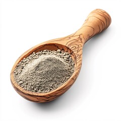 Poster - Wooden spoon filled with fine gray powder on a white background studio shot close up view