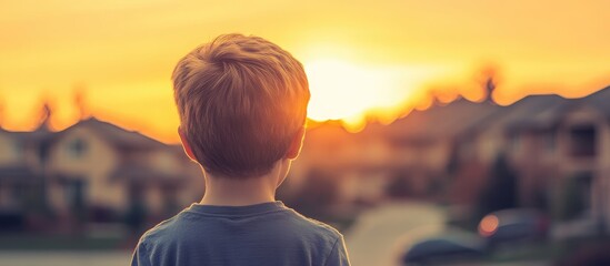 Wall Mural - caucasian boy gazing at sunset in neighborhood evoking feelings of loneliness and melancholy with sp