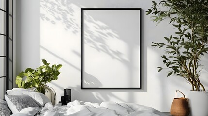 Aufkleber - Cozy and bright natural light filled modern room with a potted plant wooden accents and a minimalist frame on the wall  The sunlight creates a serene and tranquil atmosphere