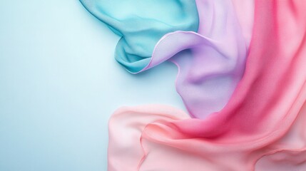 Fototapete - Pastel Colorful Silk Fabric Draped on Soft Blue Background with Empty Copyspace for Text or Design Usage