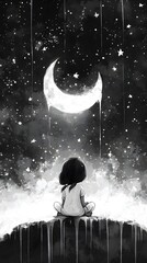 Poster - Animated blackandwhite sketch of a small girl chatting with the moon and stars enriched with surreal colors and a lively alcohol ink splatter effect creating a magical atmosphere