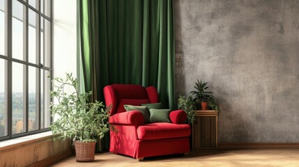 Wall Mural - Cozy interior with red recliner in bright nook featuring green curtains and plants creating a welcoming atmosphere for relaxation