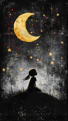 Poster - Animated blackandwhite sketch of a small girl chatting with the moon and stars enriched with surreal colors and a lively alcohol ink splatter effect creating a magical atmosphere
