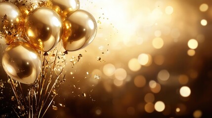 Aufkleber - Golden balloons with confetti against a blurred golden background with bokeh lights providing ample copy space for text placements