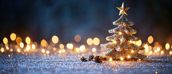 Poster - Golden christmas tree with star and pine cones on glittery surface with bokeh lights background