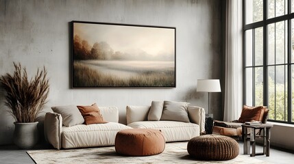 Aufkleber - Cozy and Serene Minimalist Living Room Design with Misty Outdoor Landscape Artwork Hanging on the Wall and Comfortable Furniture Pieces Creating a Calming and Relaxing Atmosphere