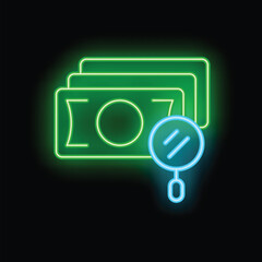 Poster - Neon magnifying glass is inspecting a stack of banknotes on a black background