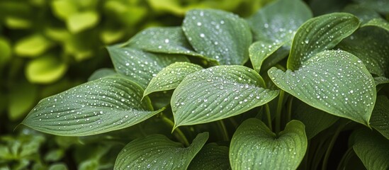 Aufkleber - close-up of green hosta leaves with water droplets against a blurred background copy space