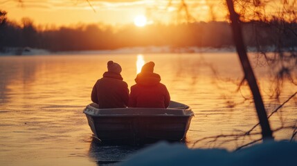 Wall Mural - couple enjoying a serene winter sunset on a lake from a boat creating an intimate atmosphere with be