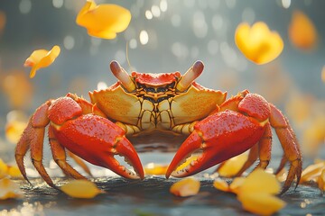 Poster - Artistic highresolution photograph of vibrant red crab centered illuminated softly with its detailed features set against a blurred grey backdrop and scattered yellow petals enhancing the composition