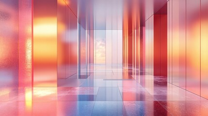 Wall Mural - Sunset-lit modern glass corridor, ocean view, architecture rendering