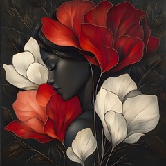 Poster - Artistic interpretation of a female silhouette intertwined with large flower petals flowing lines suggest movement set against a dark background reflecting themes of growth and natural beauty