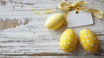 Wall Mural - Yellow Easter Eggs with Blank Tag and Bow on Rustic White Wood Background Vertical Composition