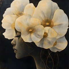 Poster - Artistic interpretation of a female silhouette intertwined with large flower petals flowing lines suggest movement set against a dark background reflecting themes of growth and natural beauty