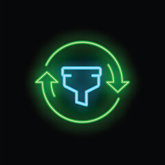 Poster - Neon funnel icon is glowing against a dark background, with arrows forming a circle around it, symbolizing a continuous process flow
