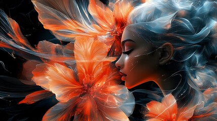 Poster - Artistic representation of a female form blending with large flower petals flowing shapes suggest movement all against a dark background illustrating the beauty of growth and transformation