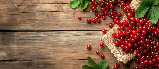 Canvas Print - Redcurrants with green leaves on a wooden surface, burlap cloth, natural light, rustic arrangement, Copy Space