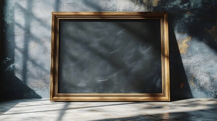 Poster - Elegant and ornate vintage wooden picture frame casts intriguing shadows on a textured gray wall in a cozy rustic interior setting  The natural wood and classic design create a timeless