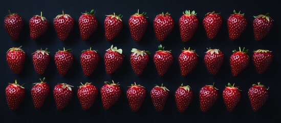 Canvas Print - Fresh red strawberries arranged in a grid pattern against a dark background with direct lighting and ample copy space.