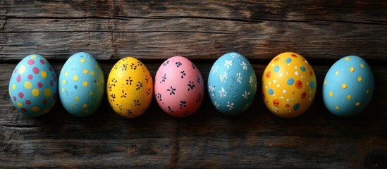 Wall Mural - Colorful decorated Easter eggs arranged on a wooden surface with visible texture and patterns Copy Space