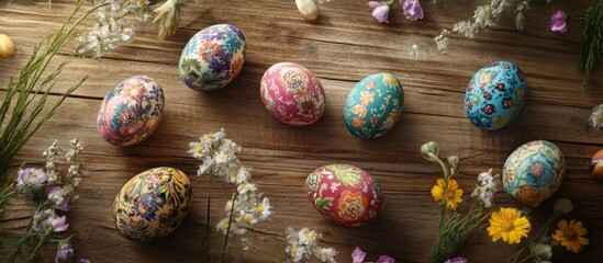 Decorated Easter eggs with floral patterns on wooden surface with flowers and greenery around