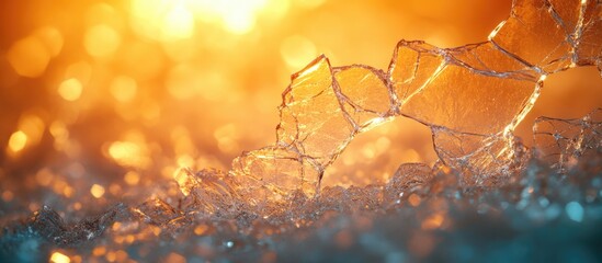 Aufkleber - Close-up view of shattered ice pieces with a warm orange glow in the background and soft bokeh effect Copy Space