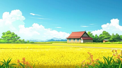 Wall Mural - Serene Rural House Amidst Golden Rice Fields