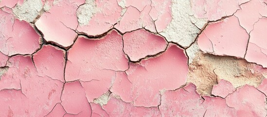 Poster - Pink cracked paint texture background with peeling layers and visible surface damage, ideal for design use. Copy Space.