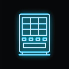 Poster - Blue glowing neon icon of vending machine with drinks and snacks isolated on black background