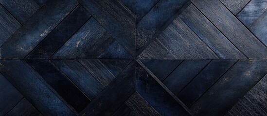 Aufkleber - Dark wooden parquet flooring in geometric pattern with deep blue hues and textured surface providing an abstract background Copy Space