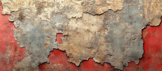 Poster - Peeling paint texture on wall with red background showing layers of aged and weathered surfaces suitable for artistic use Copy Space